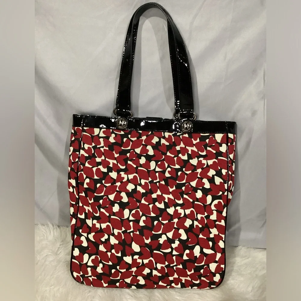 Tory Burch Red Hearts Canvas with Black Patent Leather Tote Shopper EUC